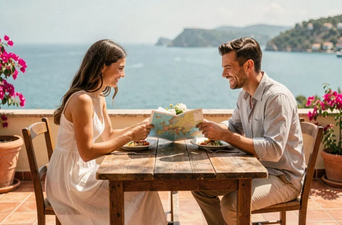Couple en lune de miel partageant un repas sur une terrasse méditerranéenne avec vue sur la mer