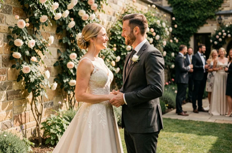 Couple de mariés en tenue élégante se tenant la main dans un jardin fleuri lors de leur mariage en plein air