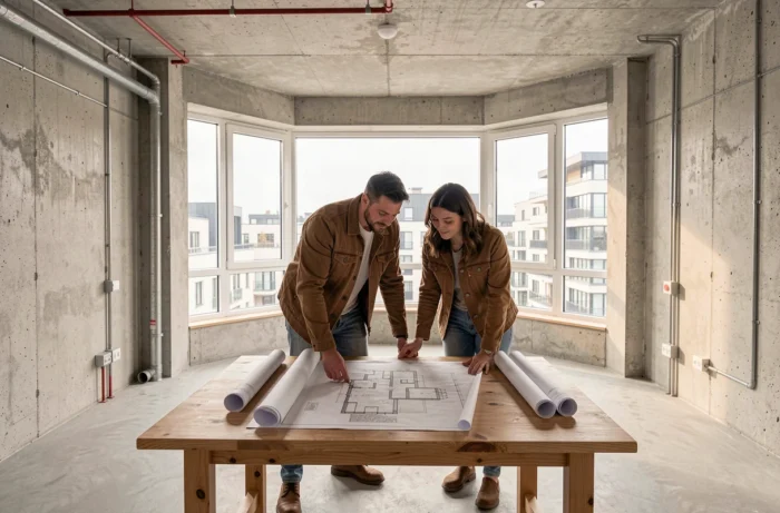 Couple examinant des plans architecturaux dans un appartement en rénovation avec vue sur la ville