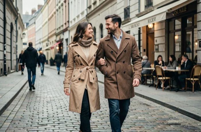 Couple se promenant main dans la main dans une rue pavée urbaine, complicité romantique en ville