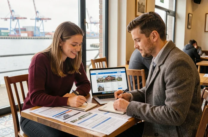 Couple étudiant des annonces immobilières dans un café face au port de Dunkerque pour préparer leur projet d'achat