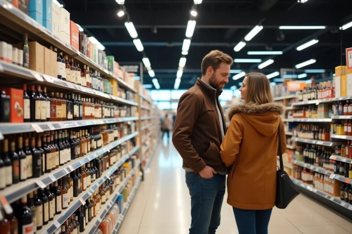 Couple comparant des produits dans un supermarché hors taxes d'Andorre pour optimiser leurs achats