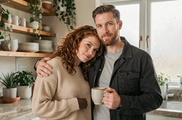 Couple amoureux dans une cuisine chaleureuse, moment de tendresse quotidienne à la maison