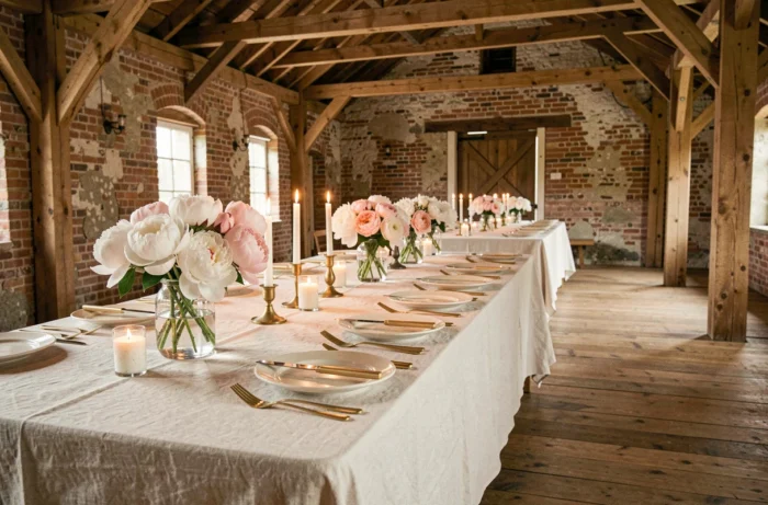 Table de réception de mariage décorée avec des pivoines, des bougies et de la vaisselle dorée dans une grange rustique