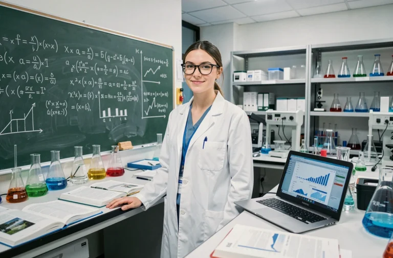 Une scientifique en blouse blanche dans un laboratoire universitaire moderne, entourée d'équipements de recherche, de manuels et d'un tableau couvert d'équations, illustrant la démarche scientifique dans son ensemble.
