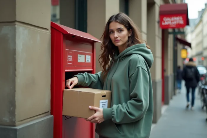 Une jeune femme dépose un colis de retour Galeries Lafayette dans un point relais La Poste à Paris