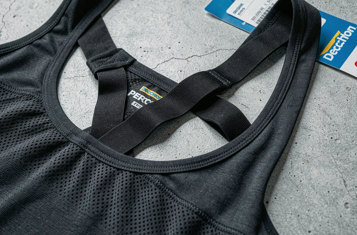 Détail du système de bandes élastiques internes du tee-shirt Percko vendu chez Decathlon, vue rapprochée du tissu technique