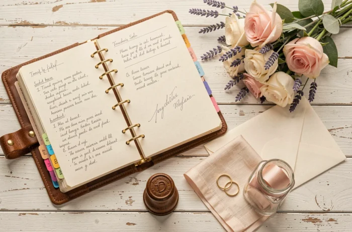 Flat lay des accessoires essentiels pour planifier un mariage : agenda cuir, alliances, fleurs et enveloppes élégantes