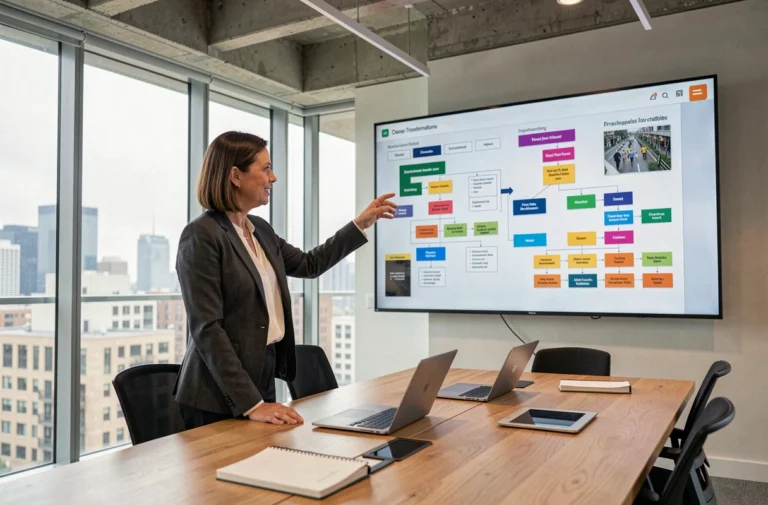 Dirigeante d'entreprise présentant une stratégie de transformation digitale dans une salle de conférence moderne avec écran de données