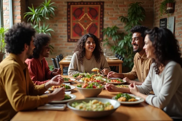 Groupe de personnes de cultures différentes partageant un repas multiculturel autour d'une grande table en bois, illustrant la diversité culturelle et le vivre-ensemble