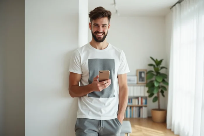 Jeune créateur de contenu souriant tenant un smartphone dans un appartement moderne, style influenceur YouTube français