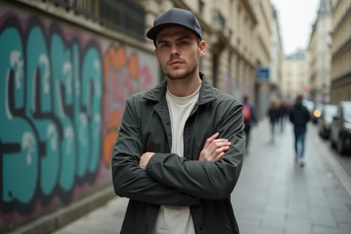 Youtubeur français en tenue streetwear posant dans une rue urbaine parisienne avec des graffitis en arrière-plan