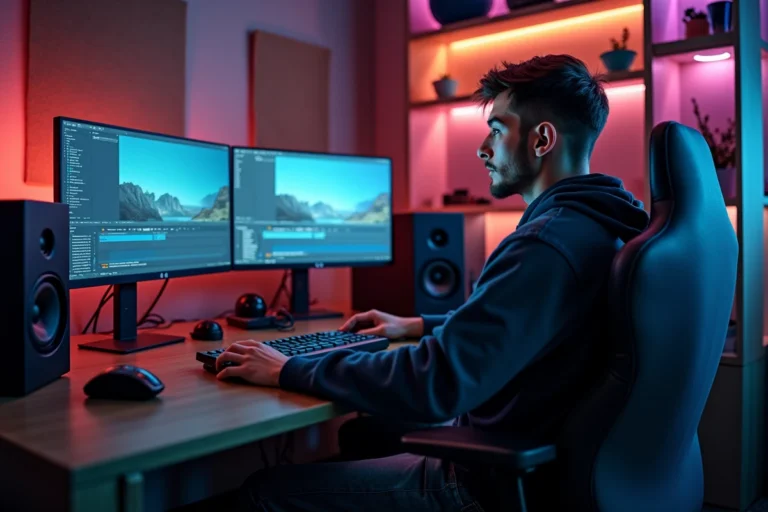 Jeune youtubeur français assis à son bureau de gaming entouré de matériel de création de contenu, ambiance studio moderne