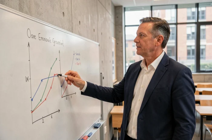 Économiste expliquant les différences entre croissance extensive et intensive devant un tableau blanc dans un amphithéâtre universitaire