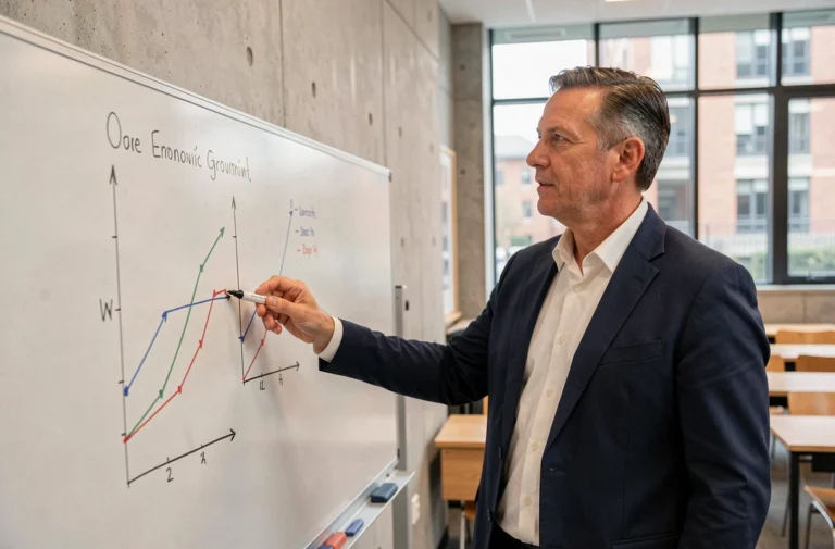 Économiste expliquant les différences entre croissance extensive et intensive devant un tableau blanc dans un amphithéâtre universitaire