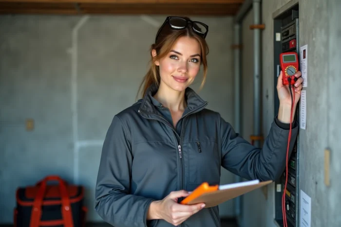 Électricienne professionnelle examinant un tableau électrique dans une maison résidentielle