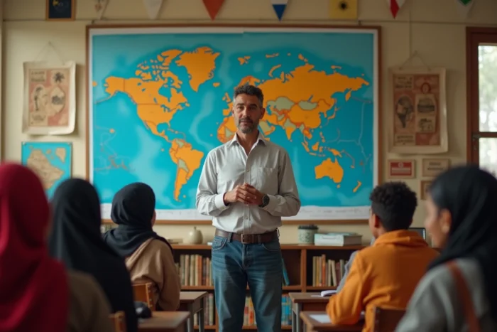 Enseignant sud-américain donnant un cours sur la diversité culturelle à une classe multiculturelle d'adolescents devant une carte du monde et des objets culturels variés