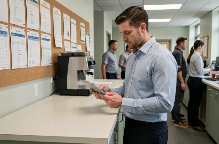 Enseignant contractuel utilisant une tablette pour simuler son salaire dans la salle des professeurs