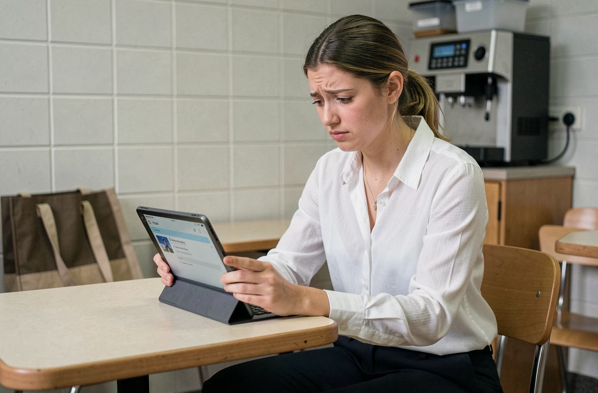 Jeune enseignante consultant son webmail Dijon sur une tablette dans la salle de pause d'un établissement scolaire