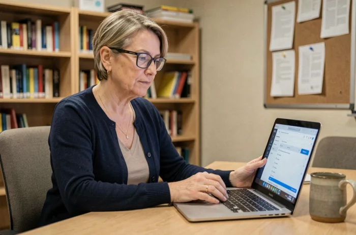 Enseignante accédant à son webmail Dijon sur un ordinateur portable dans une salle des professeurs