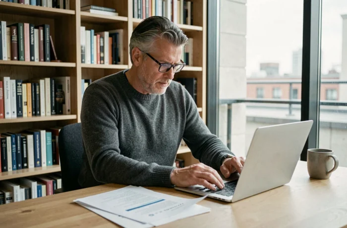 Entrepreneur expérimenté travaillant dans un bureau à domicile avec des documents et un ordinateur portable, conseils pour réussir son projet entrepreneurial