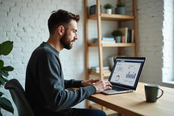 Entrepreneur travaillant sur une plateforme professionnelle et une stratégie marketing digitale depuis son bureau à domicile