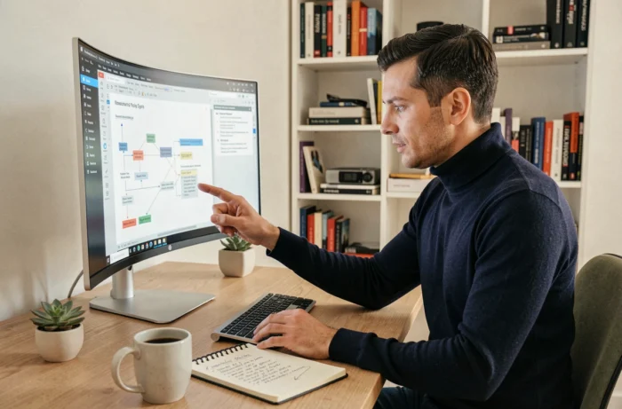 Entrepreneur consultant sa stratégie de transformation numérique sur un grand écran dans un bureau à domicile minimaliste