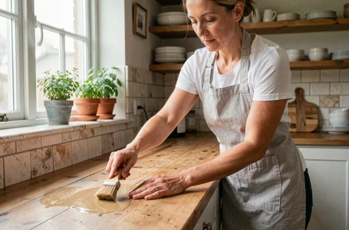 Femme appliquant un produit d'entretien sur un plan de travail en bois dans une cuisine rénovée