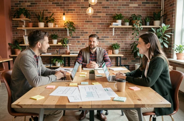 Équipe d'une agence web collaborative autour d'une table de travail avec maquettes UI et tableaux de bord analytiques