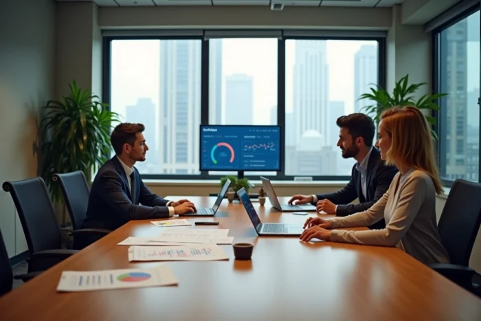Équipe professionnelle analysant des données marketing et une plateforme professionnelle en réunion