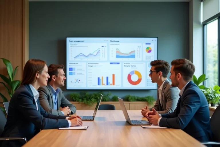 Équipe CSE en réunion autour d'un tableau de bord numérique d'animation des collaborateurs dans un bureau moderne