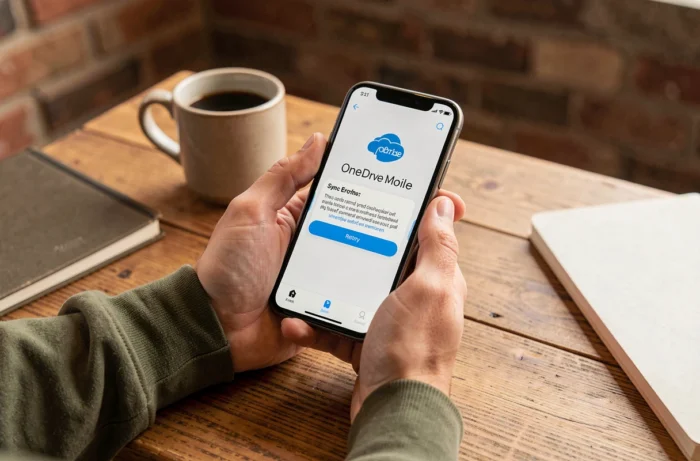 Mains tenant un smartphone affichant une erreur de synchronisation OneDrive dans un café