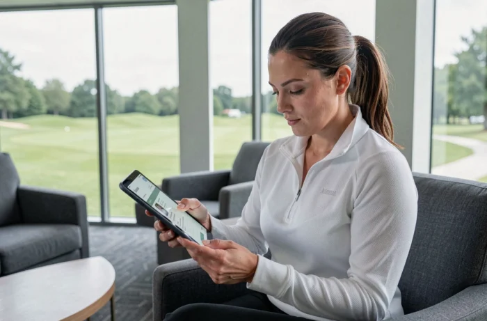 Golfeuse gérant son espace membre FFGolf sur une tablette dans un club house moderne