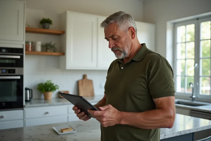 Homme consultant son espace personnel FDJ sur une tablette dans une cuisine moderne