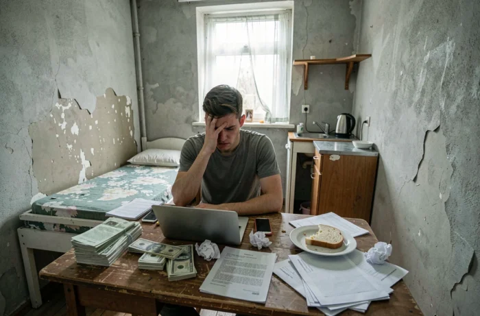 Étudiant stressé dans un petit studio encombré de factures, illustrant les difficultés financières de la vie étudiante précaire