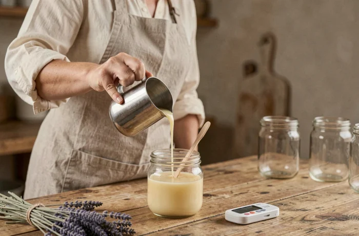 Femme versant de la cire végétale fondue dans un bocal en verre pour fabriquer une bougie maison sur une table en bois rustique