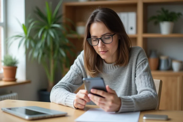 Femme consultant une application de gestion santé sur son smartphone depuis son bureau à domicile