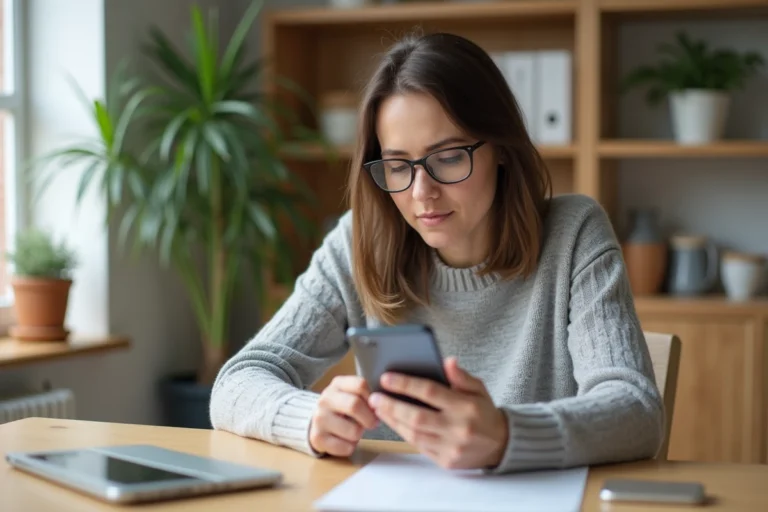 Femme consultant une application de gestion santé sur son smartphone depuis son bureau à domicile