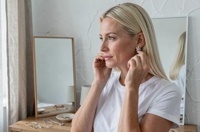 Femme qui enfile des boucles d'oreilles en argent devant un miroir dans une chambre minimaliste, choix de bijoux tendance