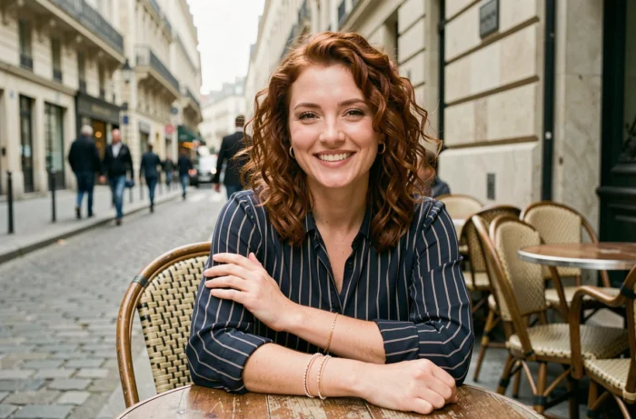 Femme portant des bracelets dorés empilés en terrasse de café parisien, bijoux tendance au quotidien