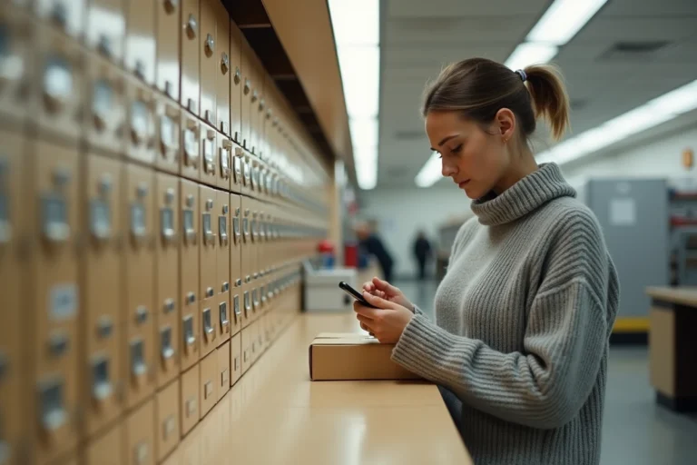 Femme vérifiant son téléphone dans un bureau de poste avec un colis Vinted non récupéré posé sur le comptoir