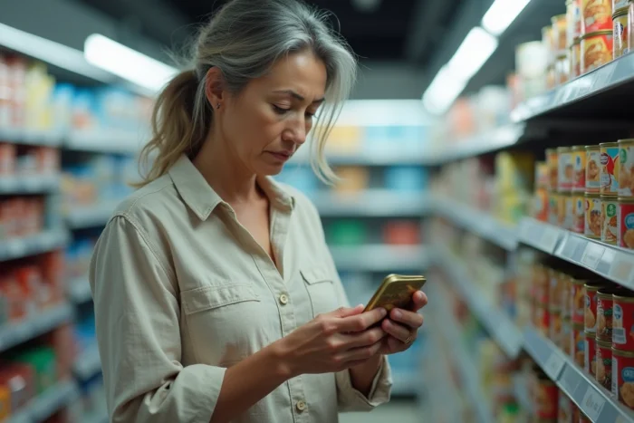 Femme lisant l'étiquette nutritionnelle d'une conserve de sardines dans un rayon de supermarché, illustrant l'importance de bien choisir ses produits