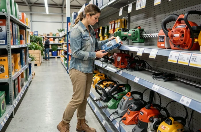 Femme comparant différents modèles de taille-haies dans un magasin de jardinage, évaluant les options électriques et thermiques