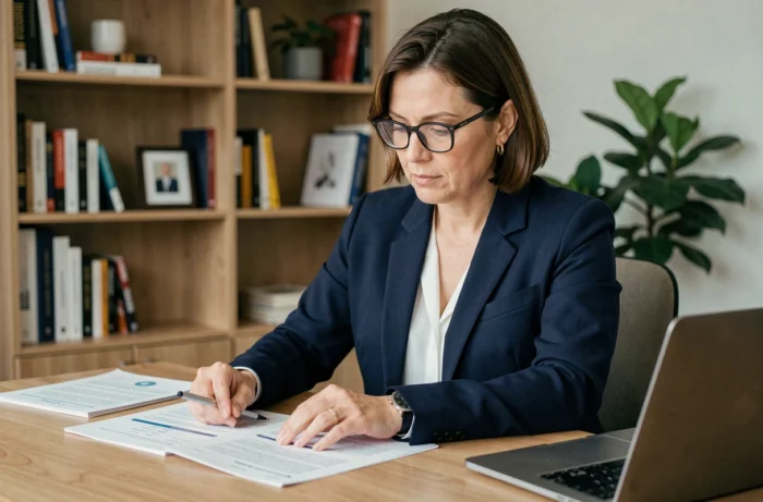 Femme consultant des documents d'assurance auto à son bureau à domicile pour choisir la meilleure offre en 2024