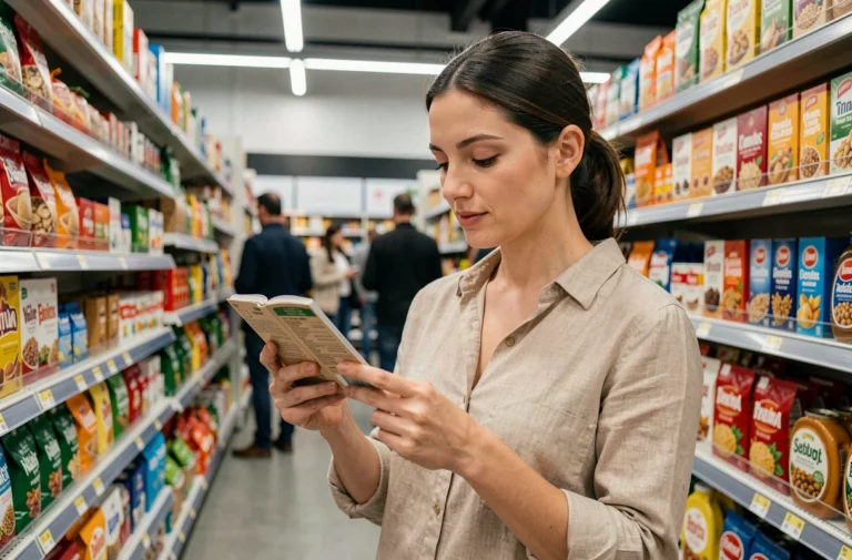 Femme comparant des étiquettes de produits dans un supermarché pour économiser sur ses courses quotidiennes