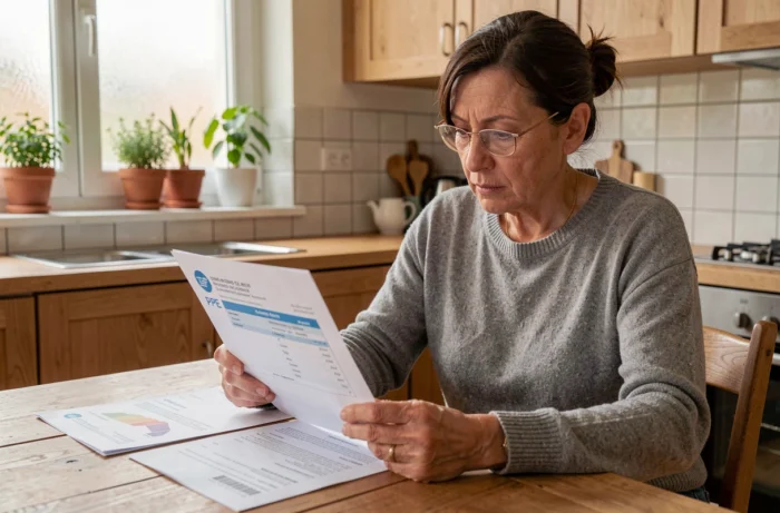 Femme consultant son diagnostic de performance énergétique et les documents d'aides financières à sa table de cuisine