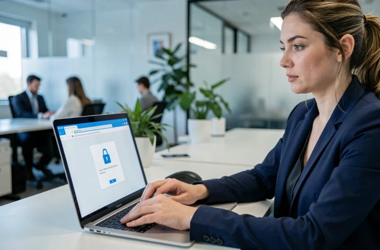 Femme professionnelle protégeant un fichier PDF avec un mot de passe sur son ordinateur portable au bureau
