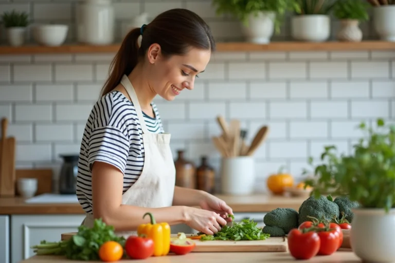 Femme en tablier préparant des légumes frais sur une planche en bois dans une cuisine maison lumineuse