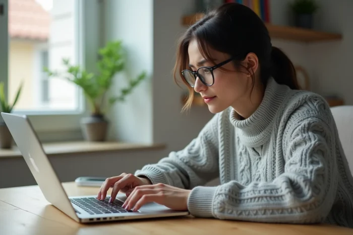 Femme dépannant un problème de connexion sur un ordinateur portable dans un bureau à domicile moderne