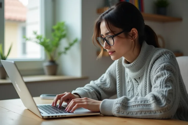 Femme dépannant un problème de connexion sur un ordinateur portable dans un bureau à domicile moderne